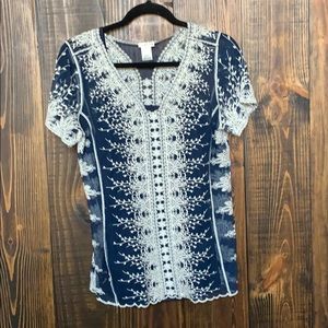 Navy, shear top, full ivory lace embroidery detail